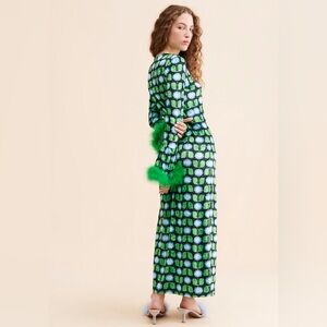 EUC Anna Sui Velvet Daisies green maxi dress with feather trim. Size Small